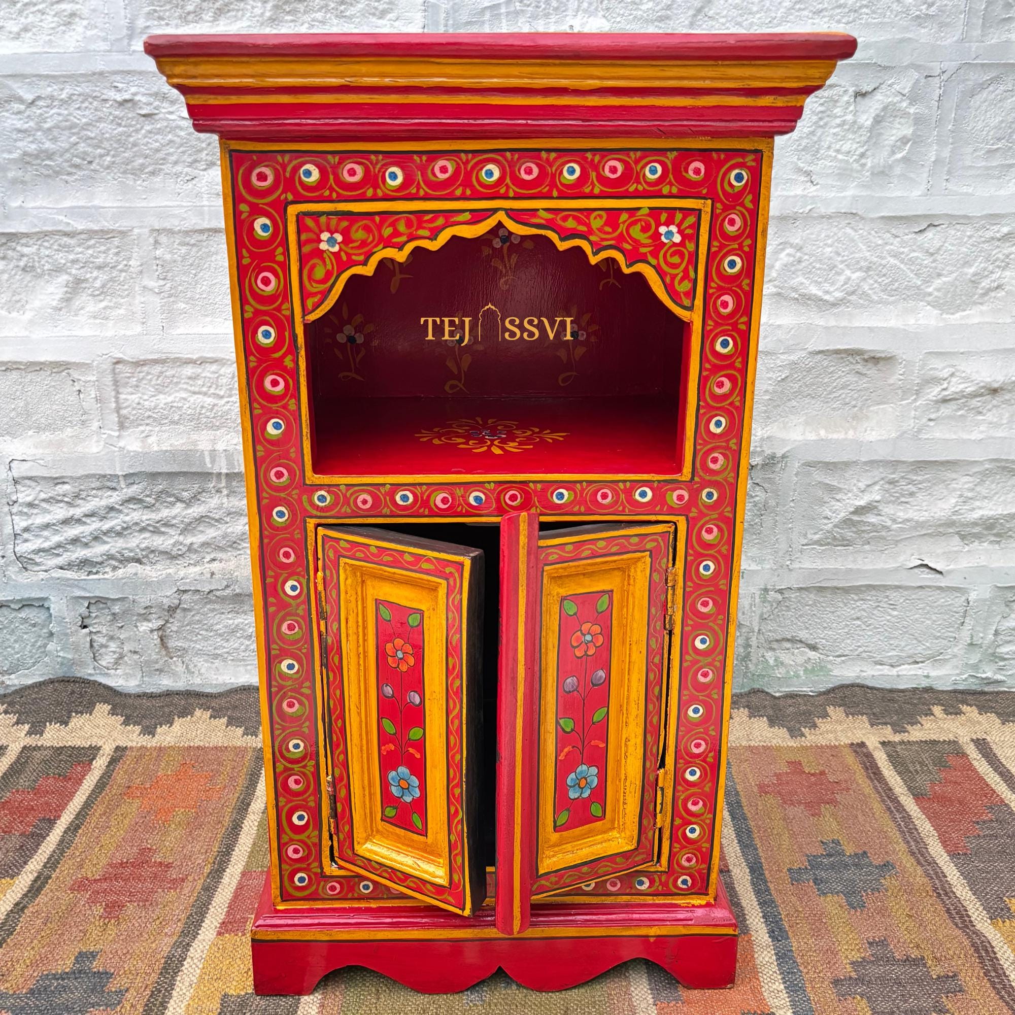 Handmade Hand Painted Bedside Table in Red & yellow / Home Décor Table / Hand painted Side Table / Indian Moroccan painted Furniture.