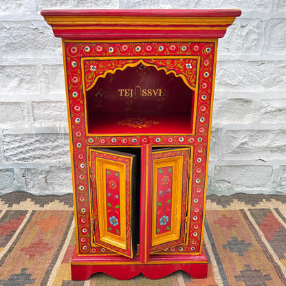 Handmade Hand Painted Bedside Table in Red & yellow , Home Decor Table, Handpainted side table, Indian Moroccan painted Furniture.