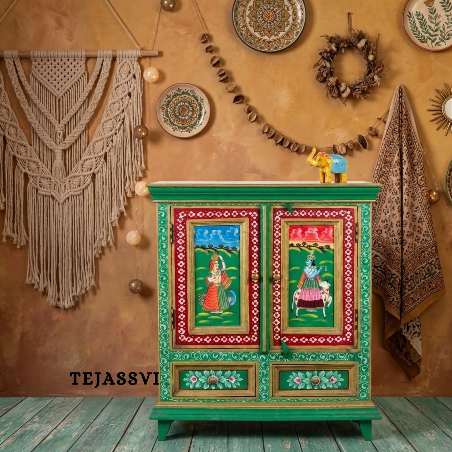 Indian Floral Designed Side Storage / Big Cabinet / Hand Painted Furniture / Wooden Big Cabinet / Living Room Furniture.