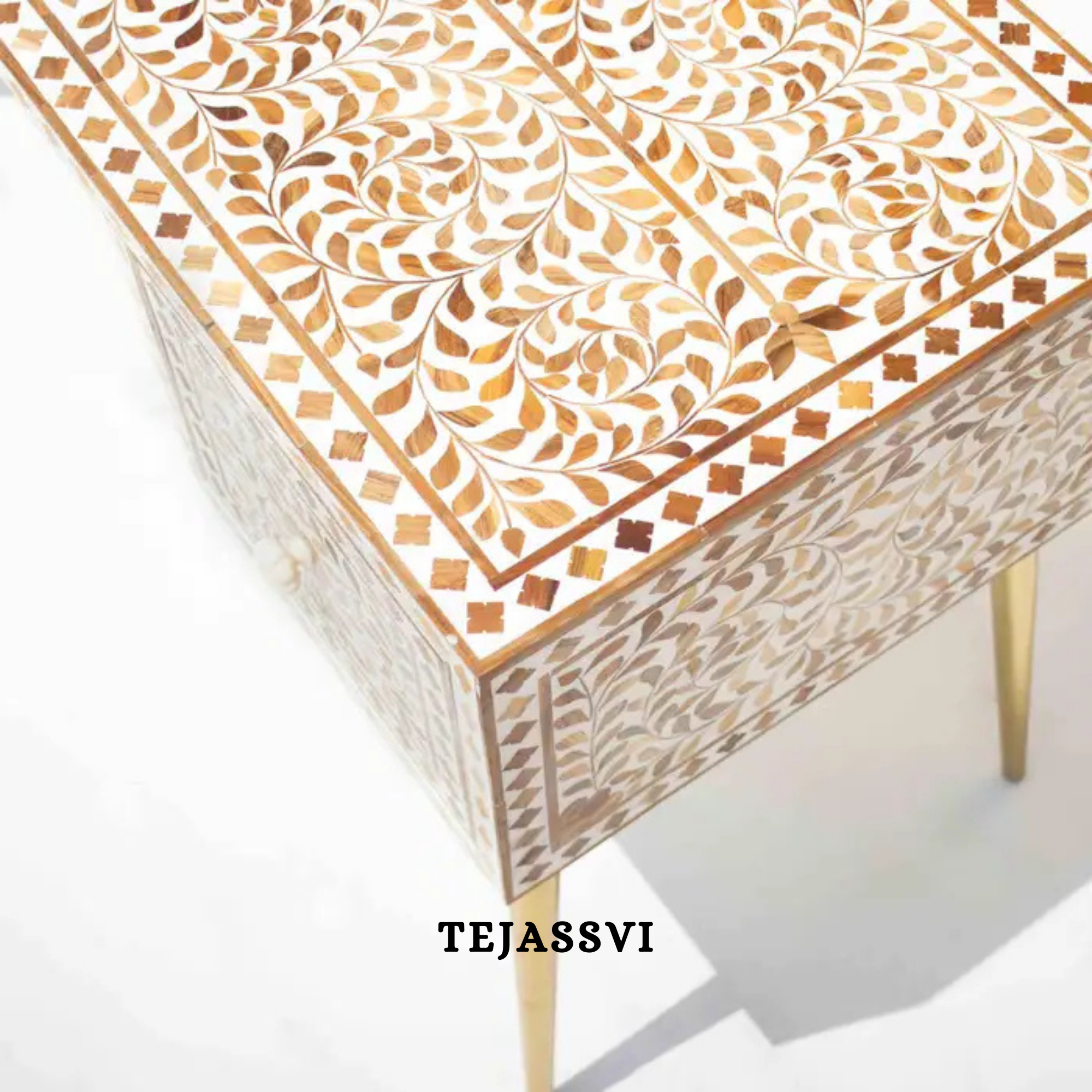 Handmade Wood Inlay Modern Desk / Console Table | Wood Inlay Desk With 2 Drawer Furniture With Metal Legs | Wooden Side Table | Luxury Table.