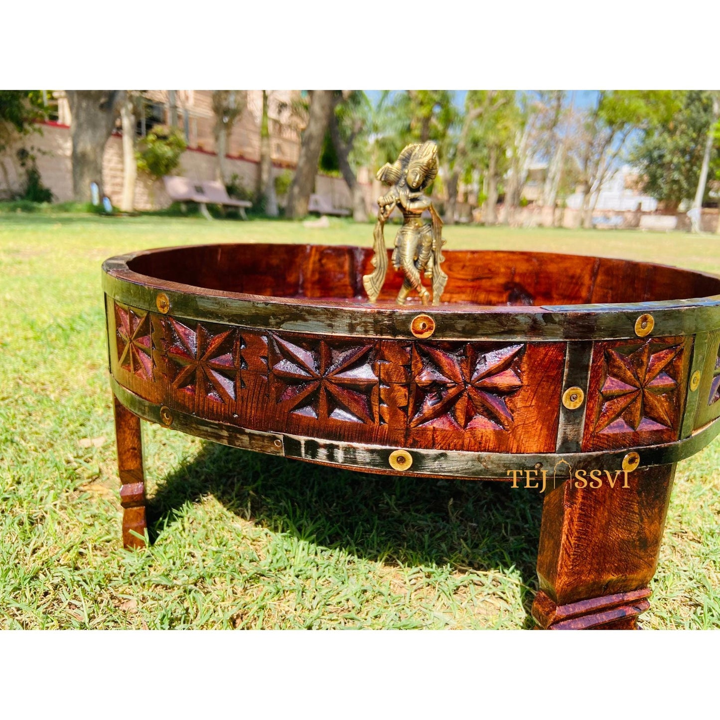 Wooden Coffee Table Natural Hand Made Carved Round Indian Grinder Table Chakki Table,Central Home Decor SideTable, Beautiful Handicraft Art