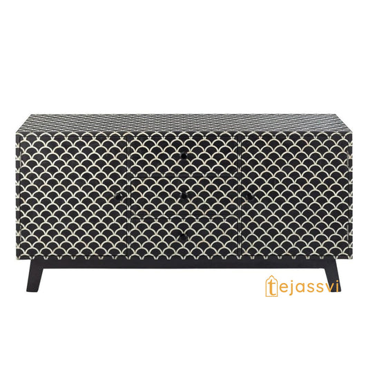 Bone Inlay Fish-scale Scalloped Sideboard in Black Color/Bone Inlay Media Console| Handmade  Bone Inlay Credenza Indian Luxury Buffet Table.