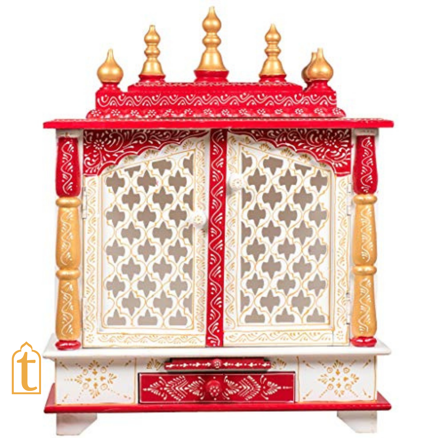 Handcrafted Wooden Temple Mandir: White & Gold Pooja Ghar with Hanging