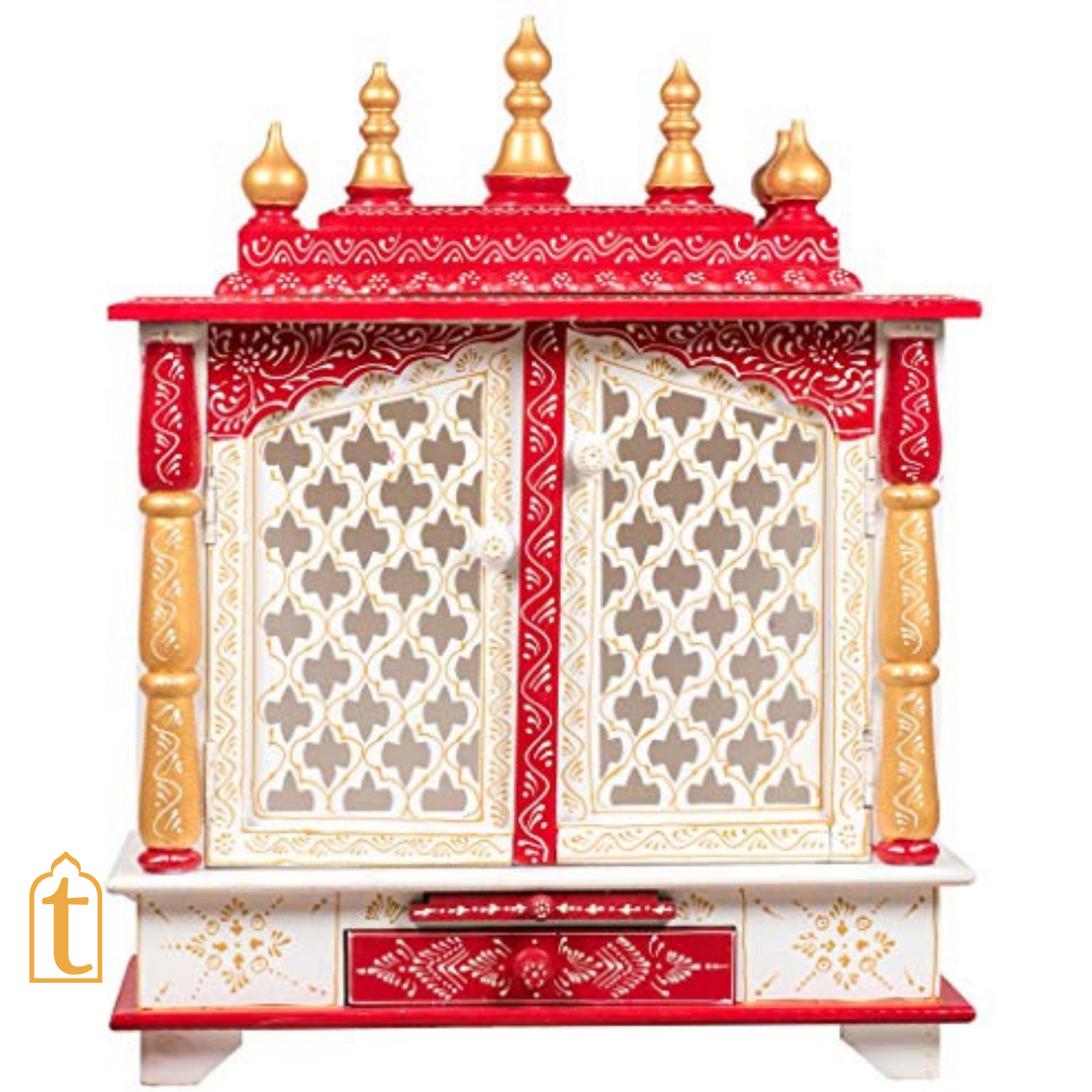 Handcrafted Wooden Temple Mandir: White & Gold Pooja Ghar with Hanging