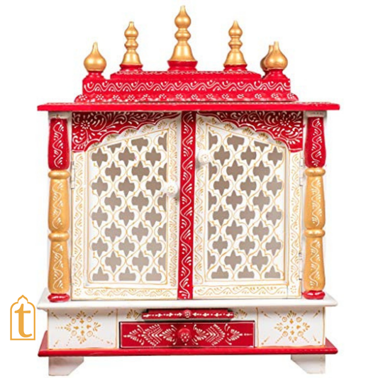 Handcrafted Wooden Temple Mandir: White & Gold Pooja Ghar with Hanging