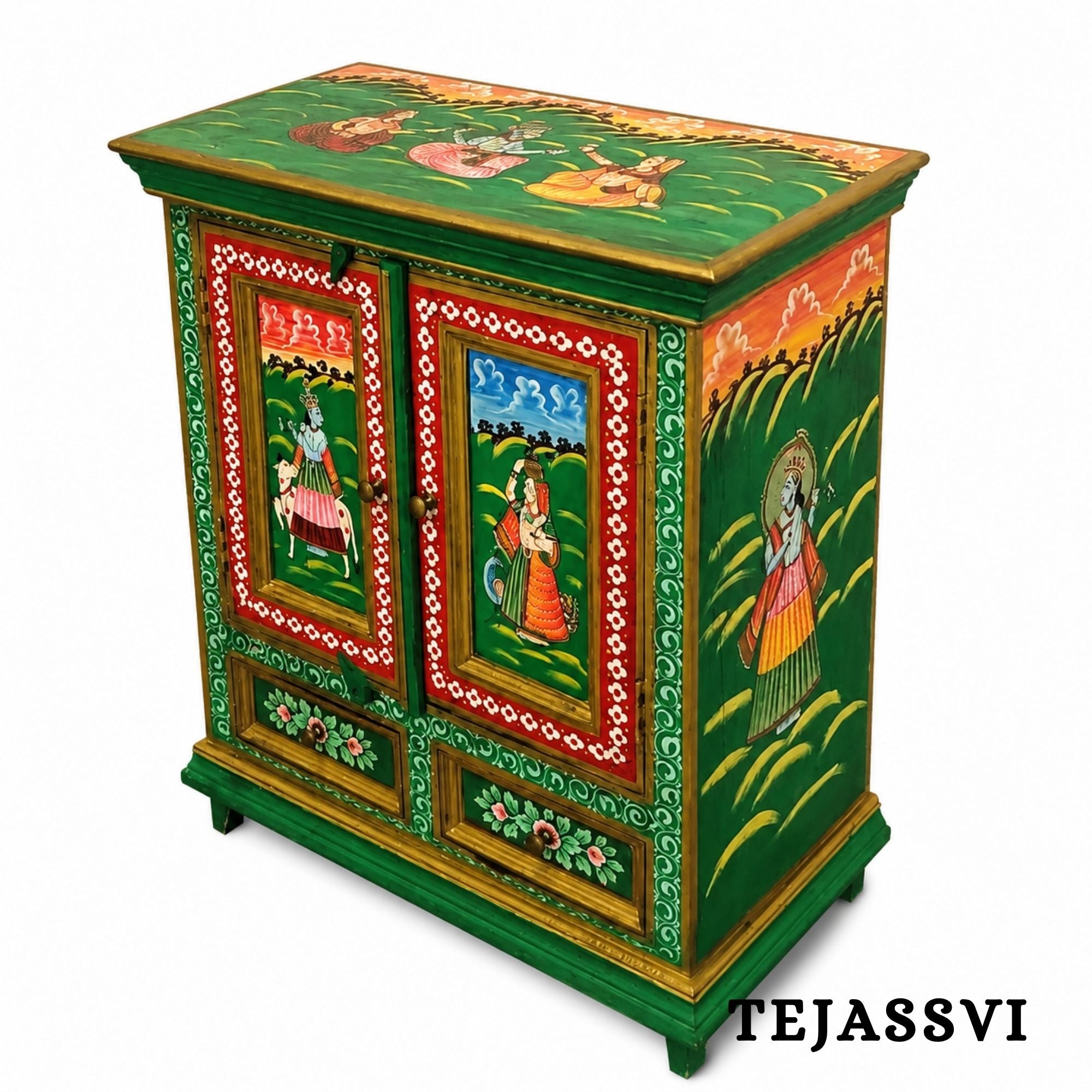 Indian Floral Designed Side Storage / Big Cabinet / Hand Painted Furniture / Wooden Big Cabinet / Living Room Furniture.