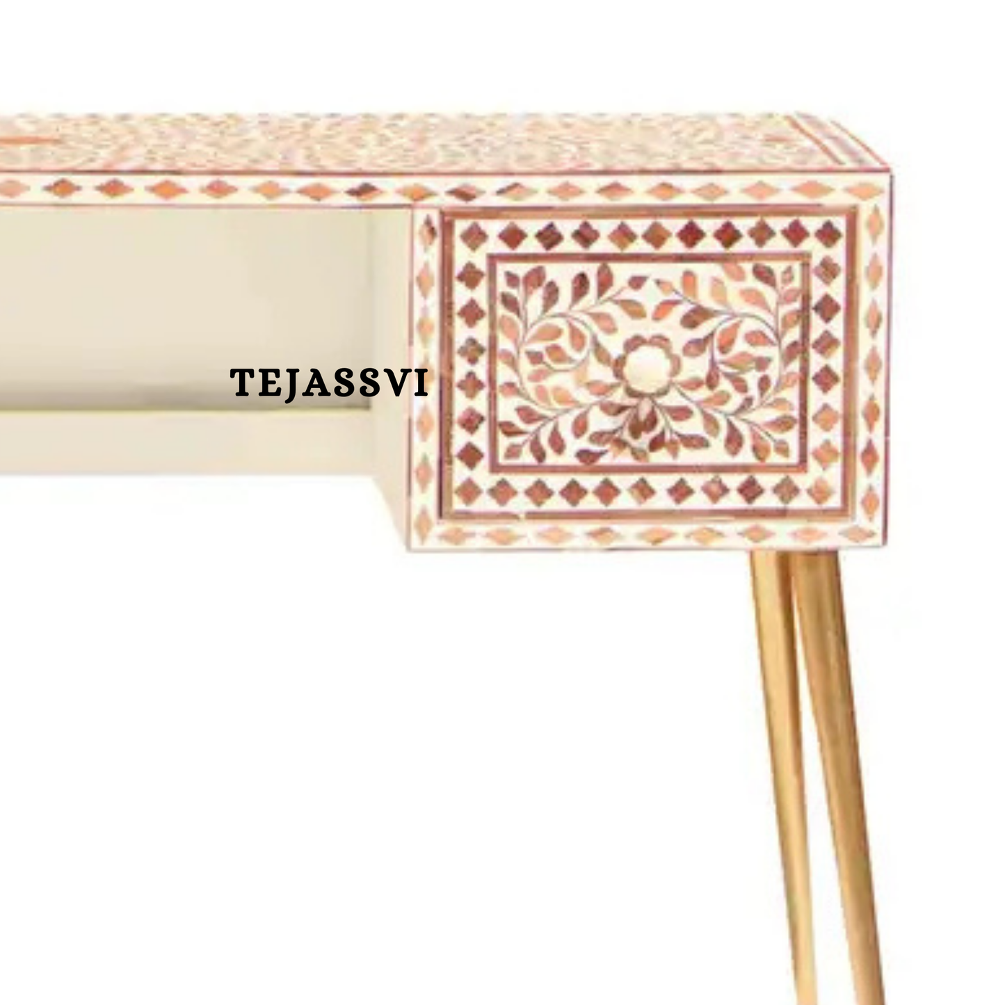 Handmade Wood Inlay Modern Desk / Console Table | Wood Inlay Desk With 2 Drawer Furniture With Metal Legs | Wooden Side Table | Luxury Table.