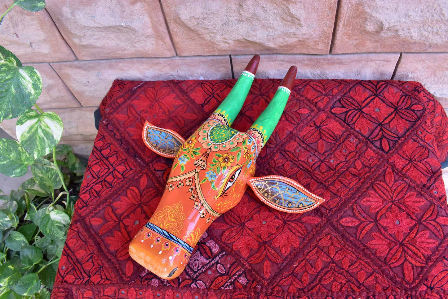 16" Large Wooden Painted Cow Head | Bull | Nandi Head Mask Wall Décor. Wooden Wall Hanging. Ethnic Indian Rajasthani Art.