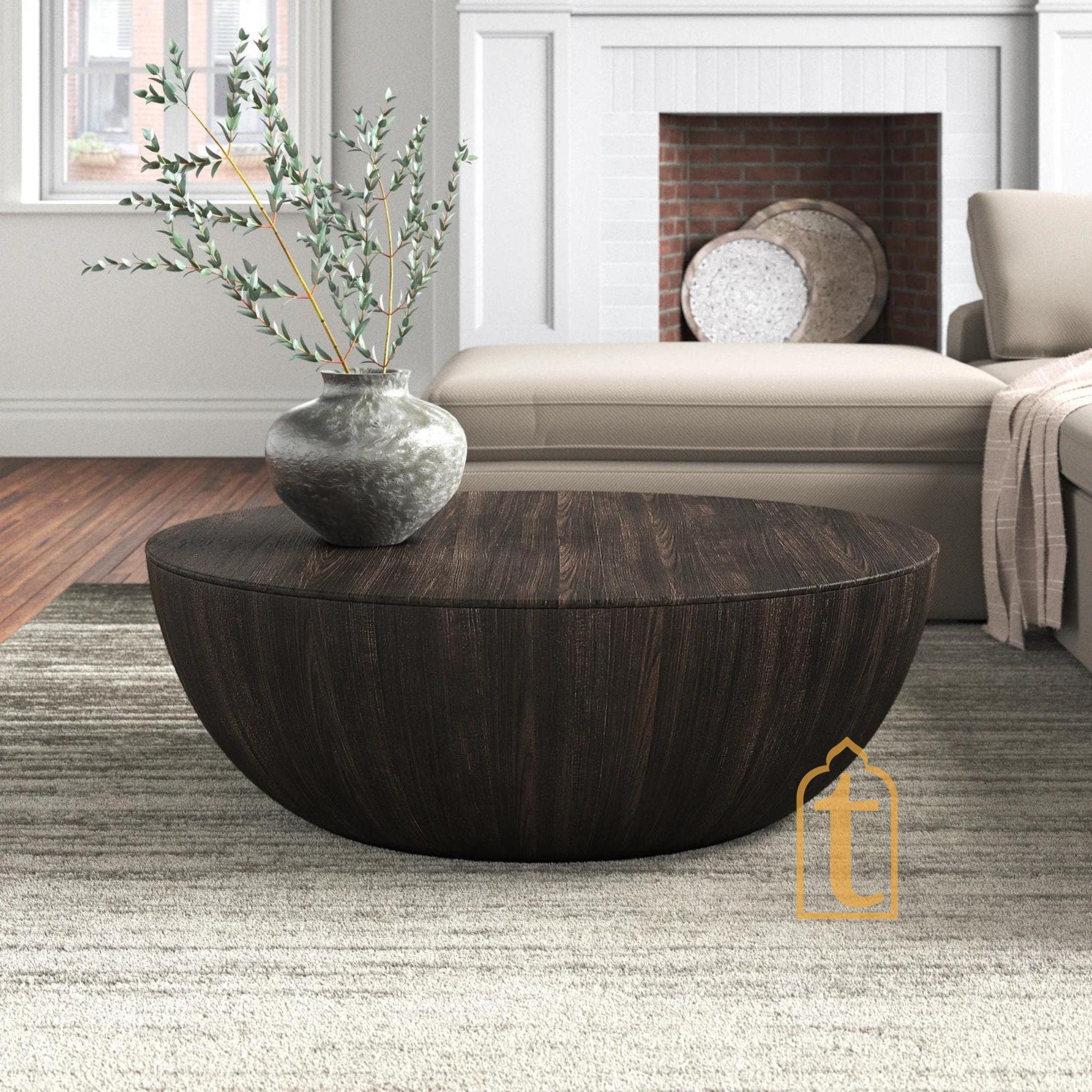 Black Coffee Table for Living Area / Handmade Drum Table Home Décor / Handmade Wooden Barrel Shape Cocktail Table / Indian Handcrafted Art.