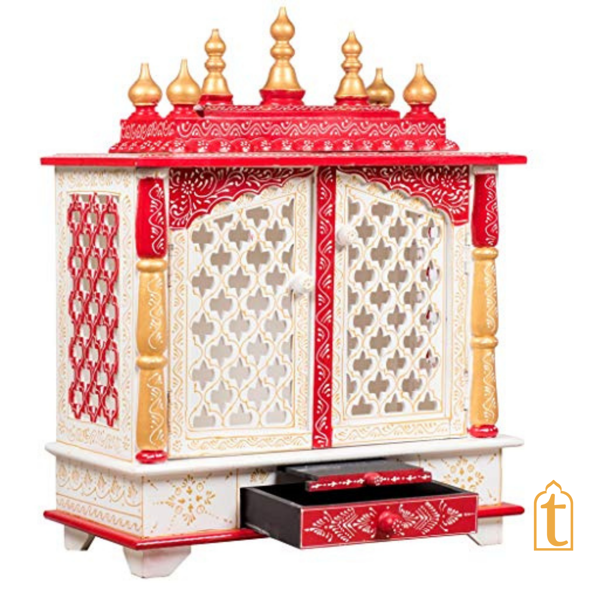 Handcrafted Wooden Temple Mandir: White & Gold Pooja Ghar with Hanging