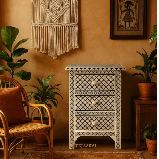 Handmade Bone Inlay 3-Drawer Nightstand in Black Color/Bone Inlay Lamp Side Table /Bedside table /Chest of 3-Drawer wooden Inlay furniture.