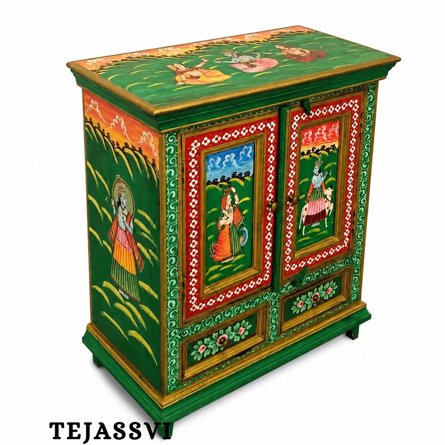 Indian Floral Designed Side Storage / Big Cabinet / Hand Painted Furniture / Wooden Big Cabinet / Living Room Furniture.