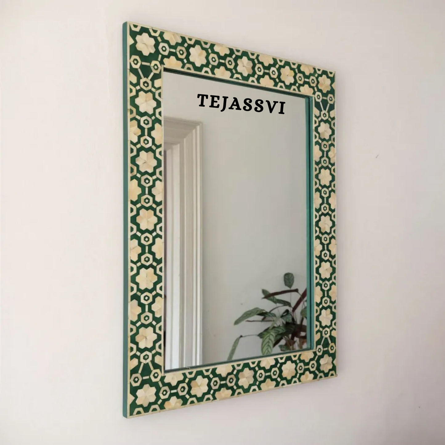 Bone Inlay Geometric Green Resin Wall Hanging Large Mirror for Wall Décor