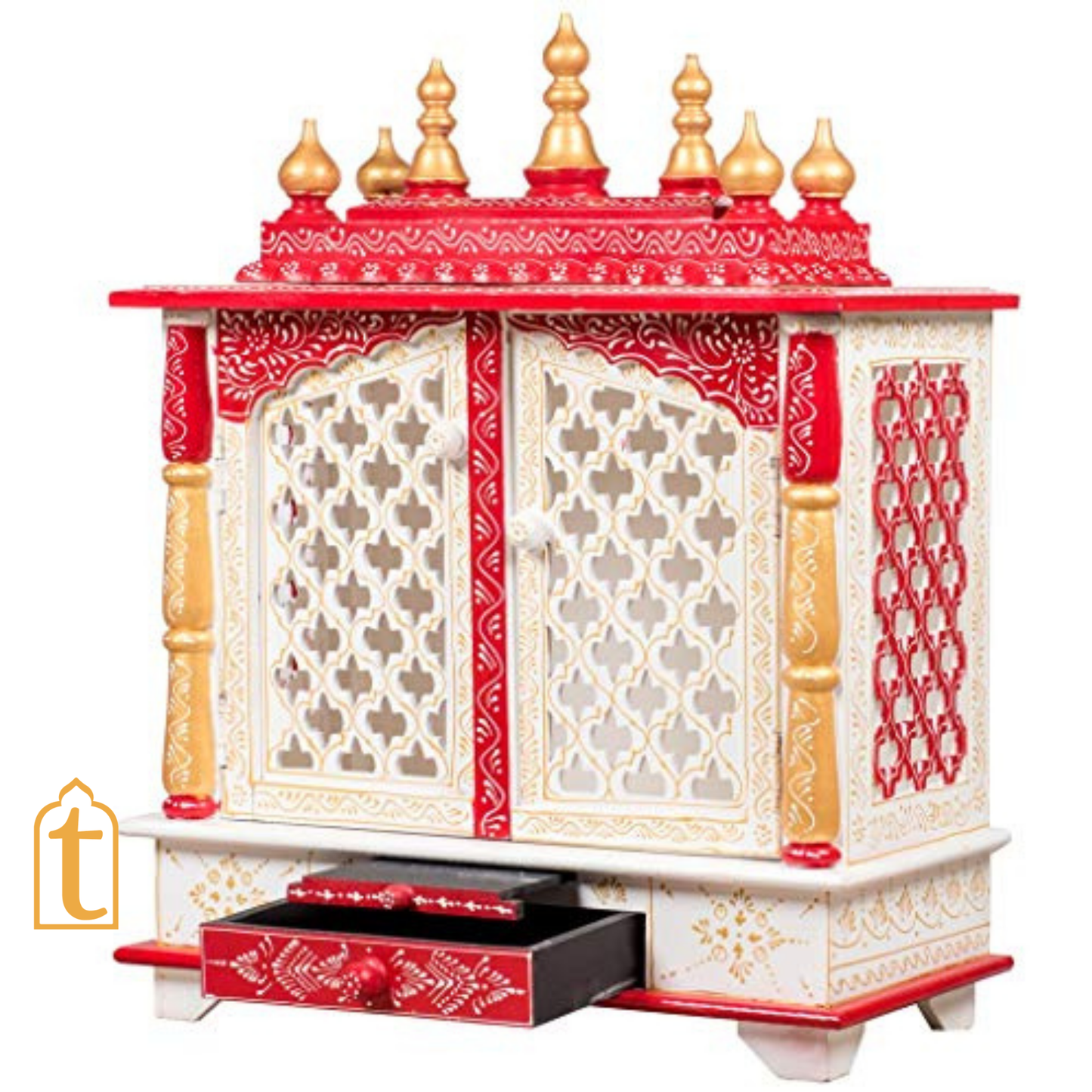 Handcrafted Wooden Temple Mandir: White & Gold Pooja Ghar with Hanging