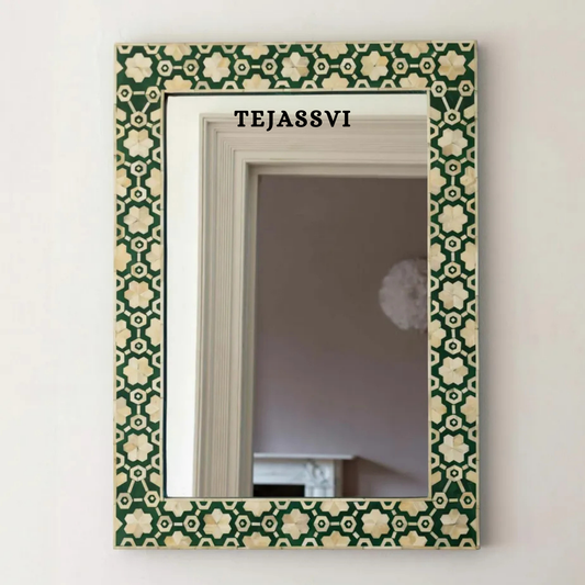 Bone Inlay floral design Green Color Wall Hanging Large Mirror  / wooden bone inlay wall mirror / Wall Décor / Wall Hanging .