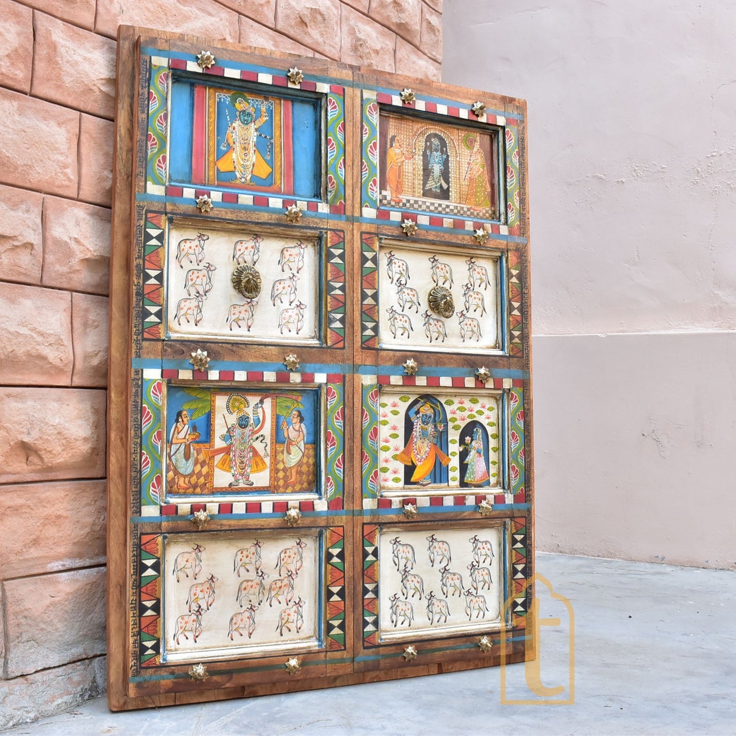 ANTIQUE Indian DOOR | Metal Fitted Hand painted SHRINATH Ji Wall Hanging Wall Panel Home Decor Doors Made From Reclaimed Wood.