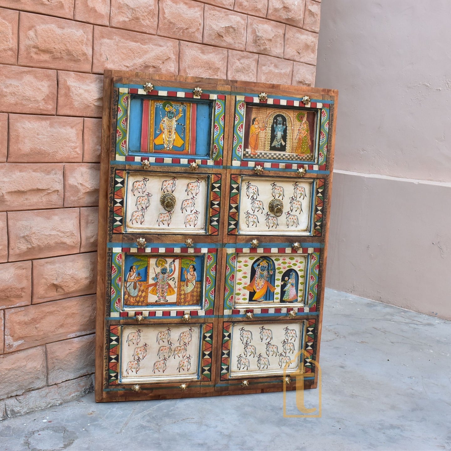 ANTIQUE Indian DOOR | Metal Fitted Hand painted SHRINATH Ji Wall Hanging Wall Panel Home Decor Doors Made From Reclaimed Wood.