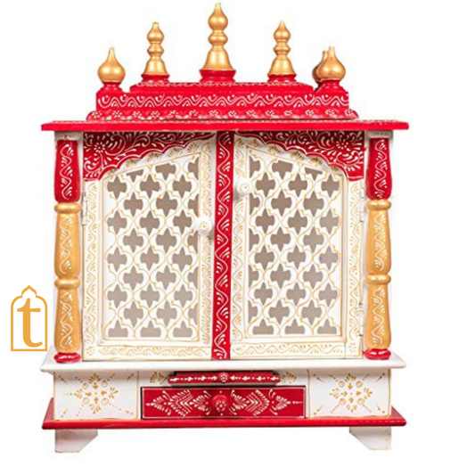 Handcrafted Wooden Temple Mandir: White & Gold Pooja Ghar with Hanging