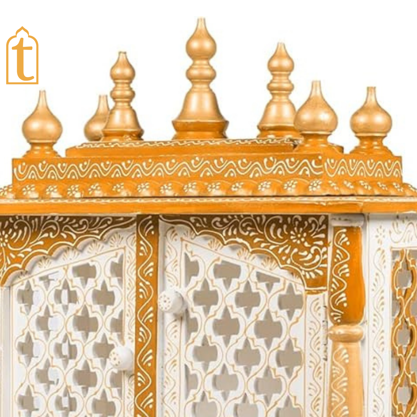 Handcrafted Wooden Temple Mandir White and Blue Finish Wall Mounted Pooja Ghar