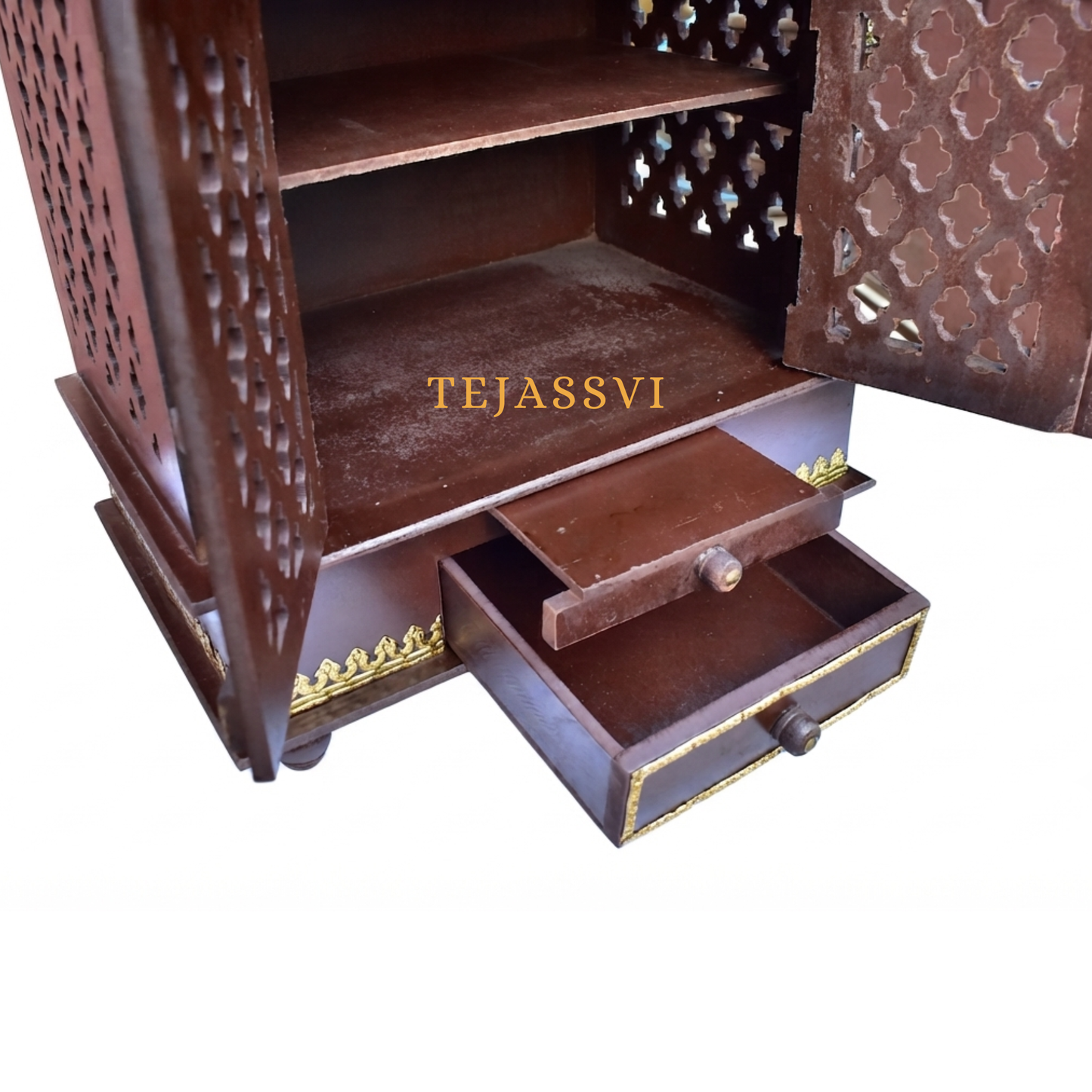Wooden Wall Mounted Pooja Mandir with Door and Metal | Large Handmade Brown Home Temple | Traditional Prayer Altar & Wooden Pooja Ghar for Worship