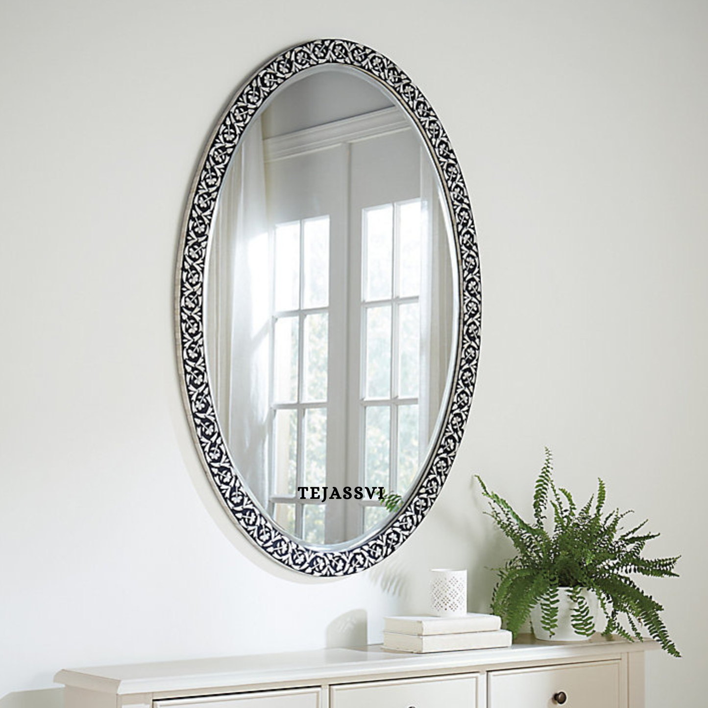 Bone Inlay Floral Design Black Rectangle Wall Hanging Mirrors For House Décor