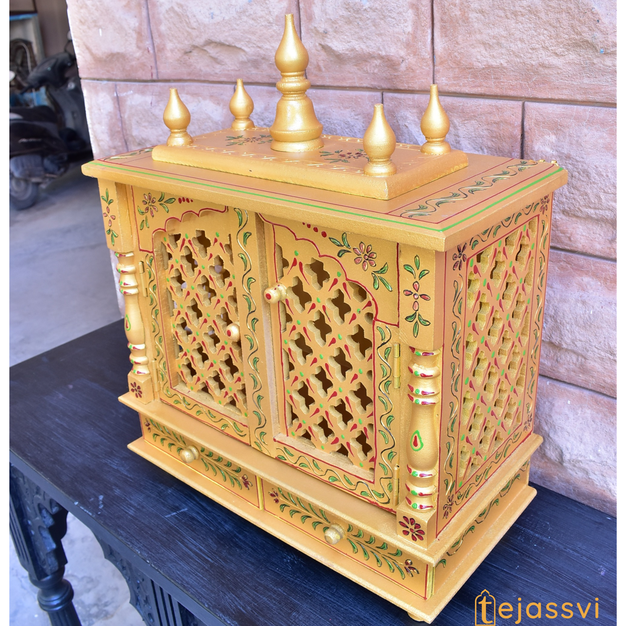 Wooden Prayer Room Altar | Large Wall Mounted Temple with Doors | Handmade Brown Pooja Mandir for Home