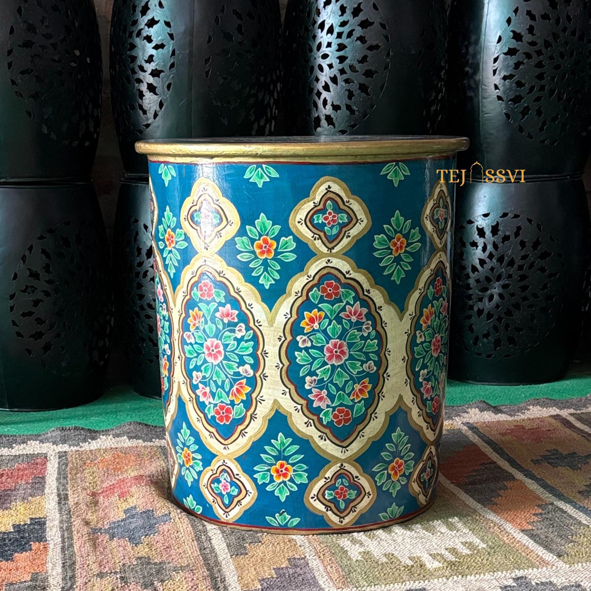 Hand-Painted Blue Wooden Table - Colorful Side Table / Unique Wood Coffee and Tea Table / Wooden Table | Hand Painted | living room | Side Table