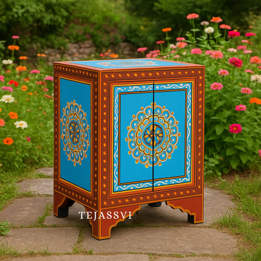 Wooden painted bedside table / bedside cabinet with hand painting/ Bedside cupboard/ Indian painted bedside cabinet/ painted bedside.