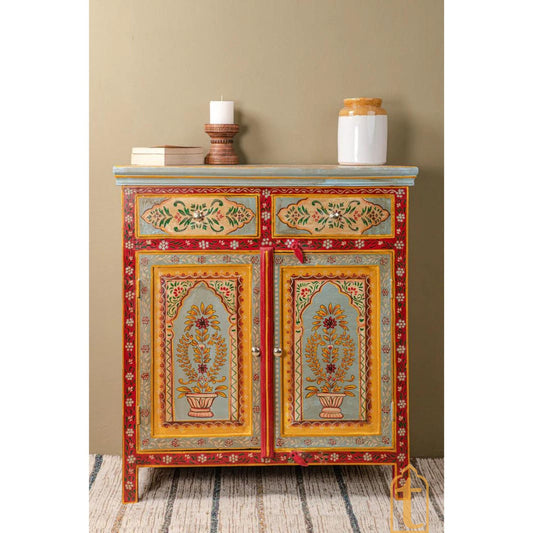 Indian Handicraft Wood Artistic Floral Painted Bedside Furniture Cabinet, Bedroom Furniture, Hand painted Chest Of Dressers, Nightstand.