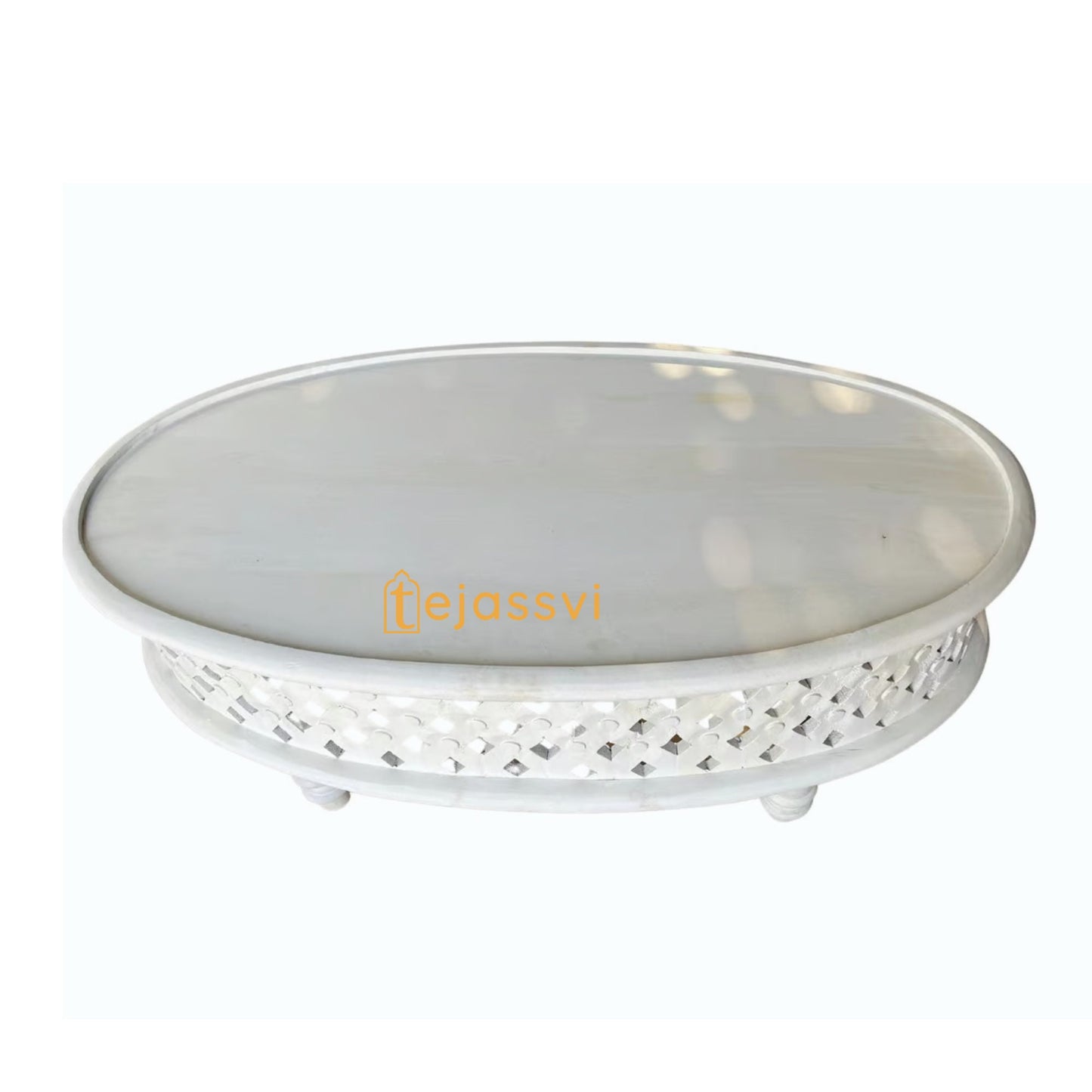 Handmade white Wooden Coffee Table | Oval Round Carved Center Table Cocktail Table/ Tribal Carved Wood Coffee Table/ Home Decor Indian Art.