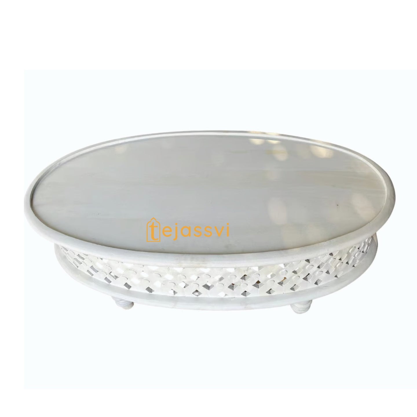 Handmade white Wooden Coffee Table | Oval Round Carved Center Table Cocktail Table/ Tribal Carved Wood Coffee Table/ Home Decor Indian Art.