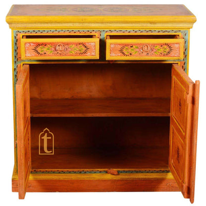2 Drawer Hand Painted Storage Cabinet / Hand Painted Mango Wood Large Chest of Drawers for Living Room / Traditional Side Table with Drawers.