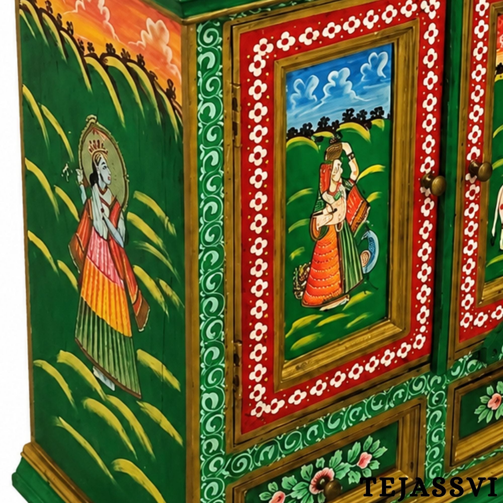 Indian Floral Designed Side Storage / Big Cabinet / Hand Painted Furniture / Wooden Big Cabinet / Living Room Furniture.