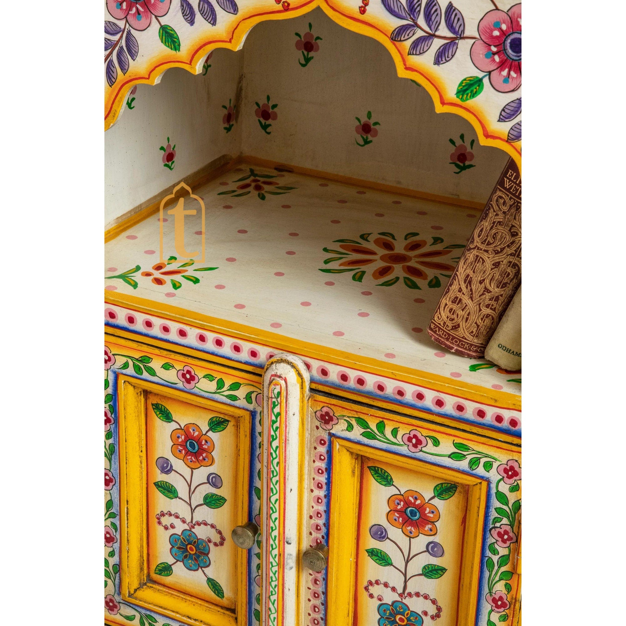 Handmade Hand Painted Bedside Table in Cream & Yellow Home Décor Table / Bedroom Table / Side Table / Indian Moroccan Painted Furniture.