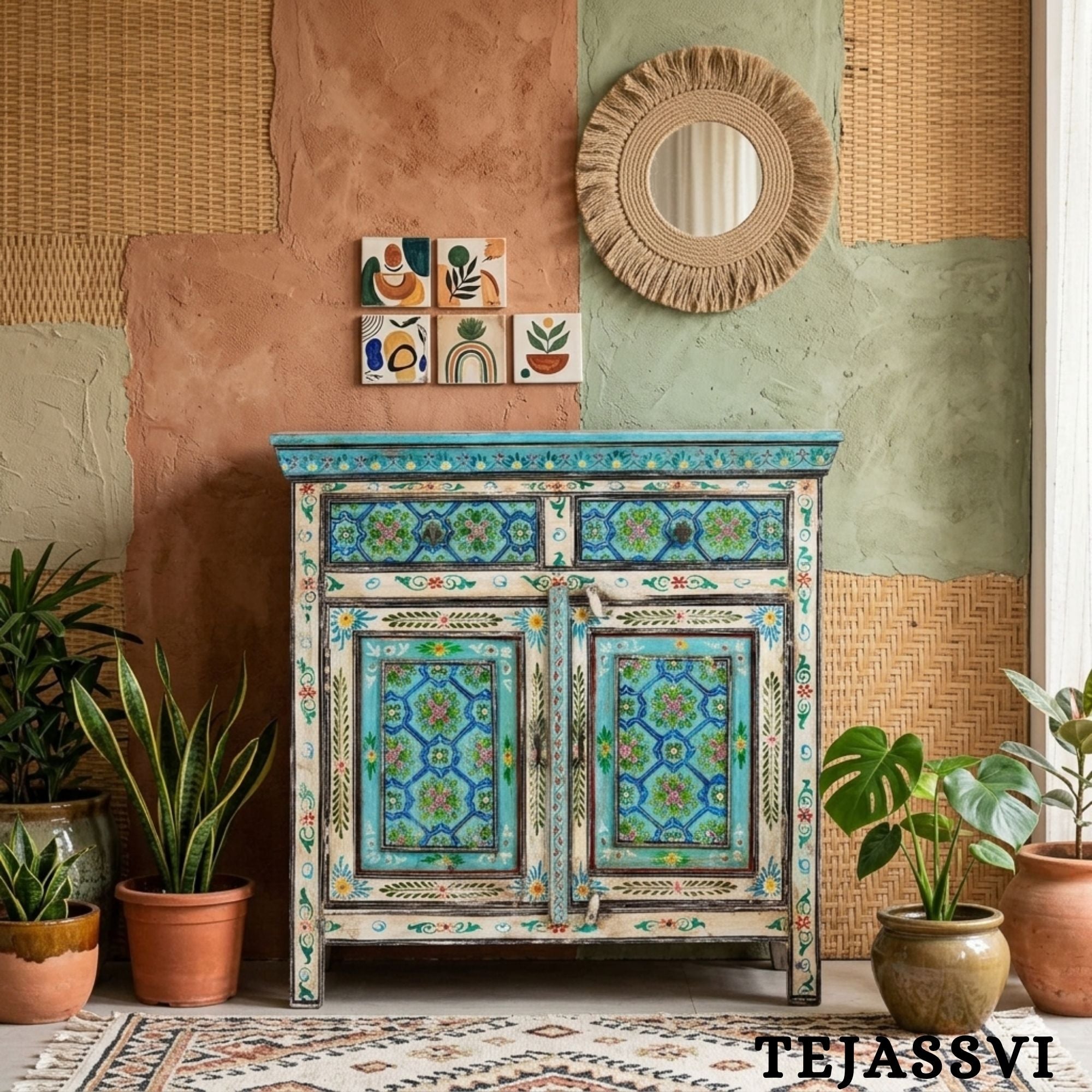 Wooden Indian Floral designed Side Storage / Cabinet | Bedside, Side Table, Hand Painted, Wooden Big Cabinet, Living Room Furniture, Fine Panting.
