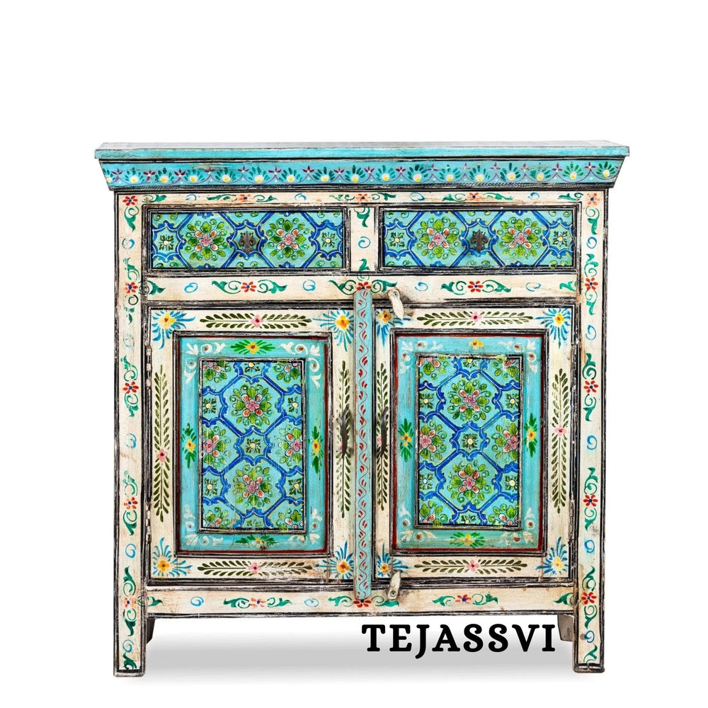 Wooden Indian Floral designed Side Storage / Cabinet | Bedside, Side Table, Hand Painted, Wooden Big Cabinet, Living Room Furniture, Fine Panting.