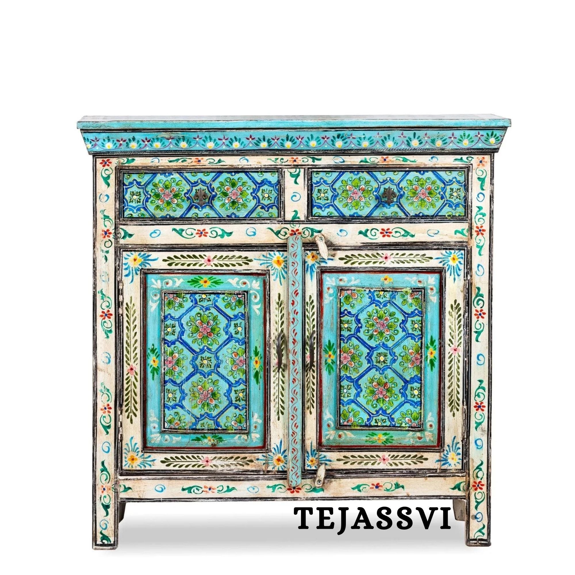 Wooden Indian Floral designed Side Storage / Cabinet | Bedside, Side Table, Hand Painted, Wooden Big Cabinet, Living Room Furniture, Fine Panting.