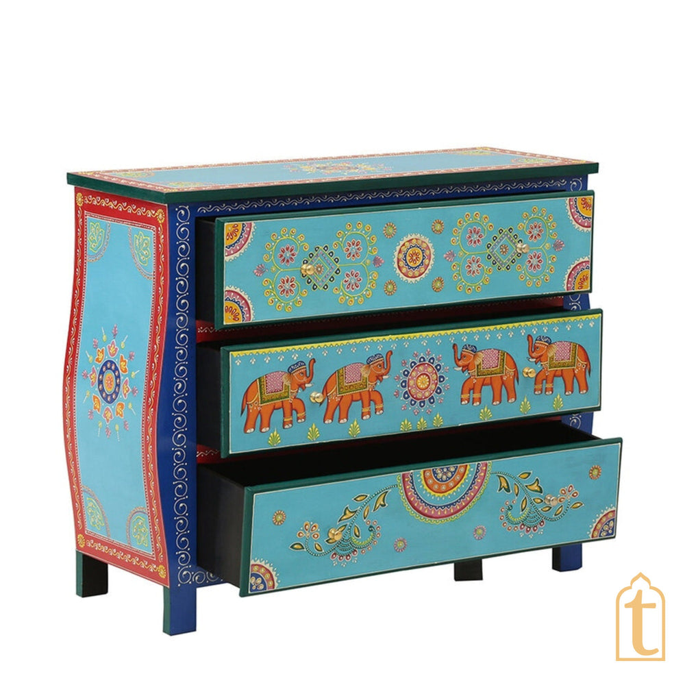 Wooden Indian Hand painted Wooden Chest of Drawers / Side Table / Chest of Drawers for Living Room | Traditional Side Table with Drawers.