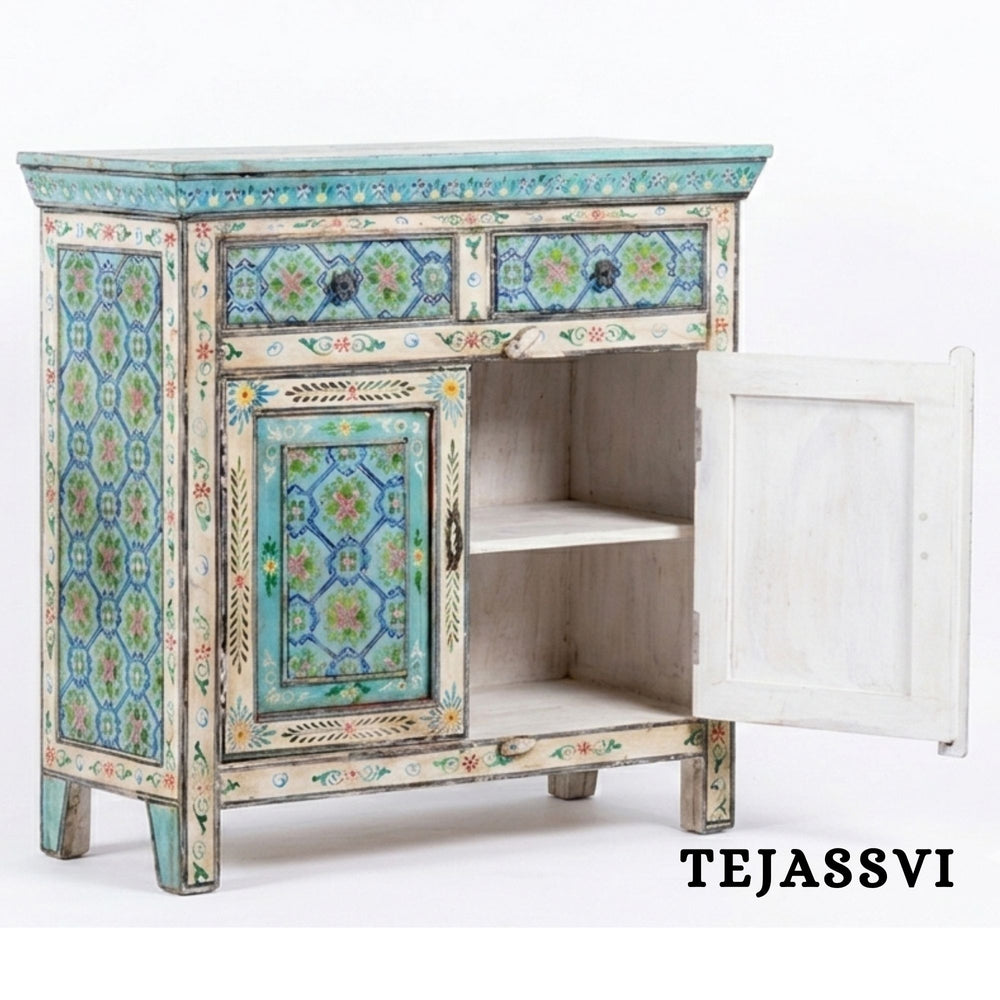 Wooden Indian Floral designed Side Storage / Cabinet | Bedside, Side Table, Hand Painted, Wooden Big Cabinet, Living Room Furniture, Fine Panting.