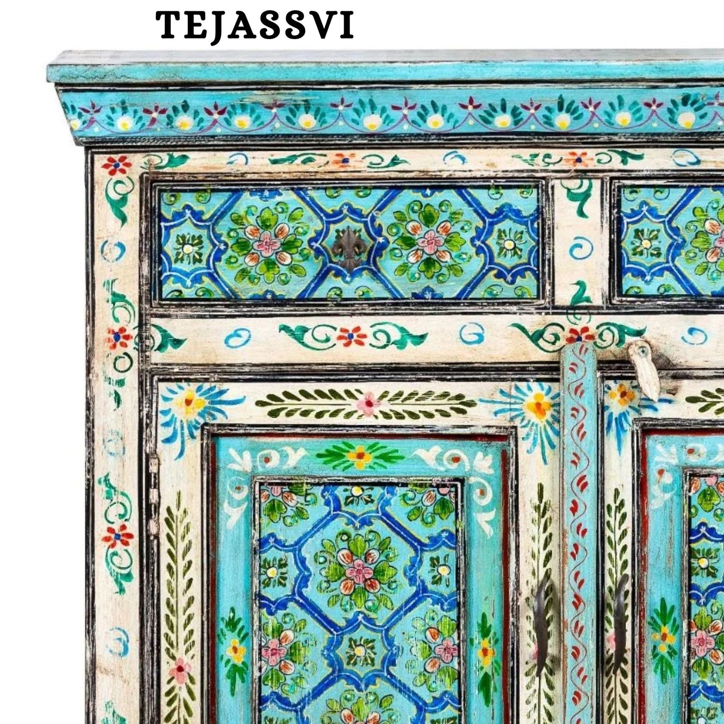 Wooden Indian Floral designed Side Storage / Cabinet | Bedside, Side Table, Hand Painted, Wooden Big Cabinet, Living Room Furniture, Fine Panting.