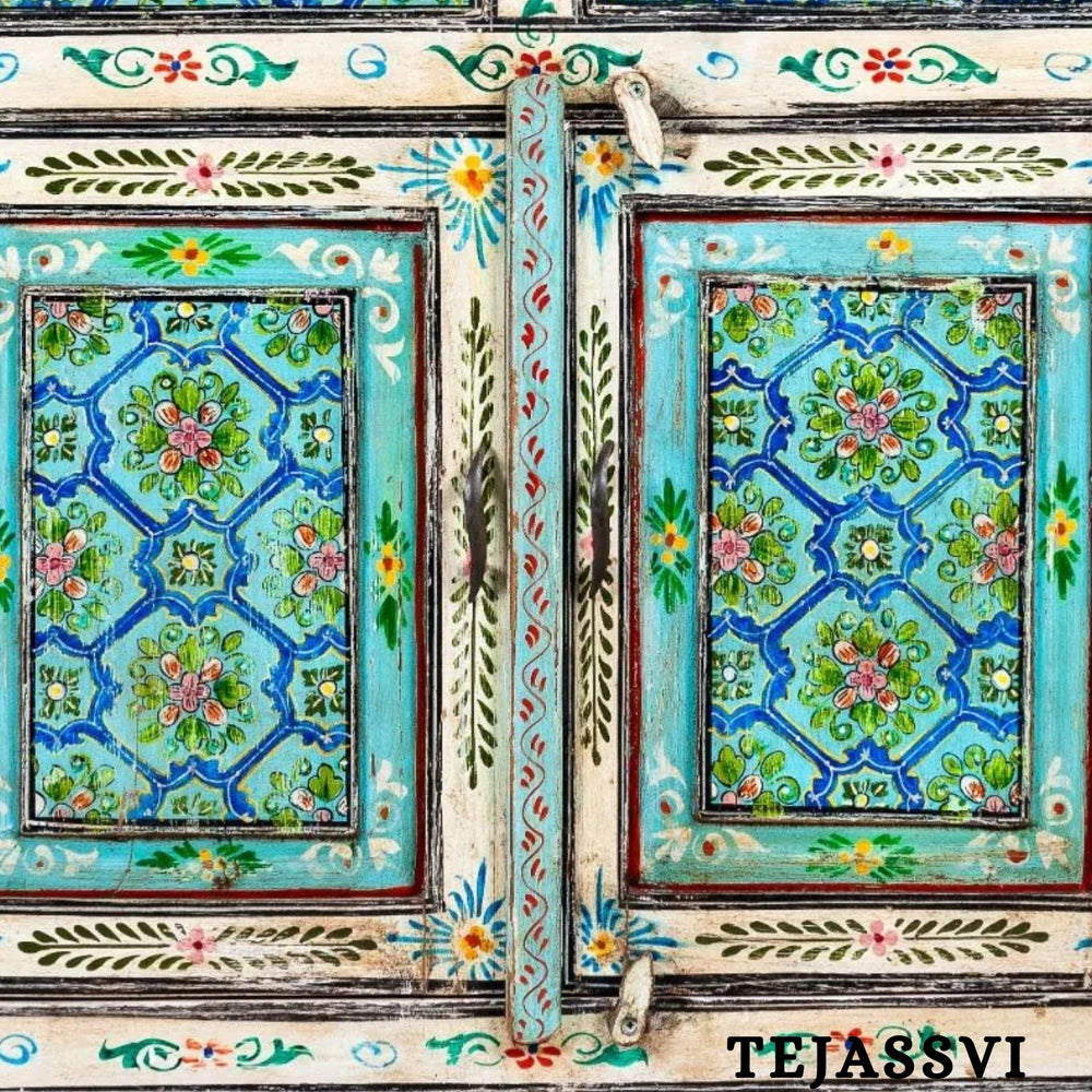 Wooden Indian Floral designed Side Storage / Cabinet | Bedside, Side Table, Hand Painted, Wooden Big Cabinet, Living Room Furniture, Fine Panting.