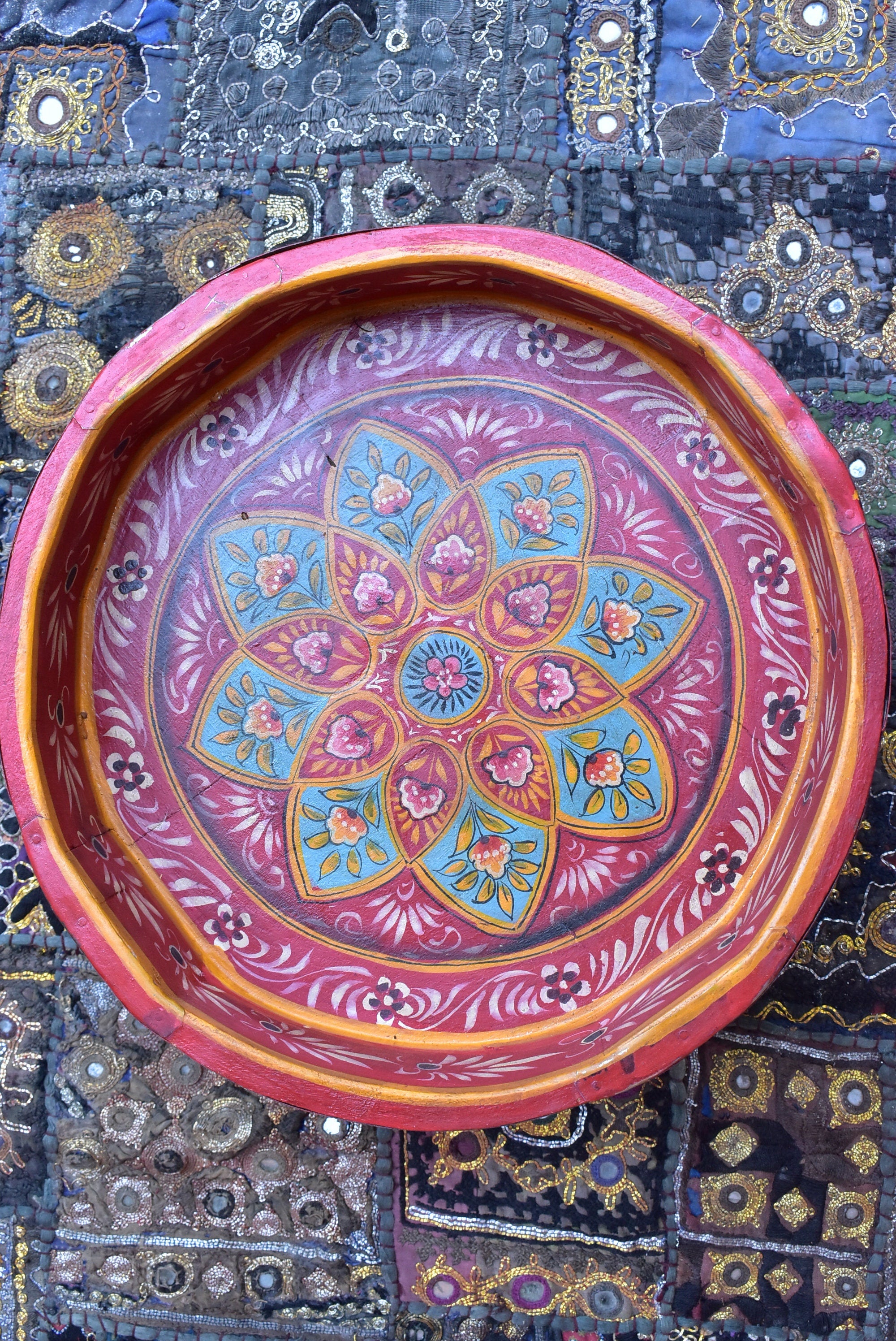 Wood Flower Hand painted Round Chakki Table / Coffee table / Wood Side Grinder Table / Indian Central Table Home art Furniture Décor Table.