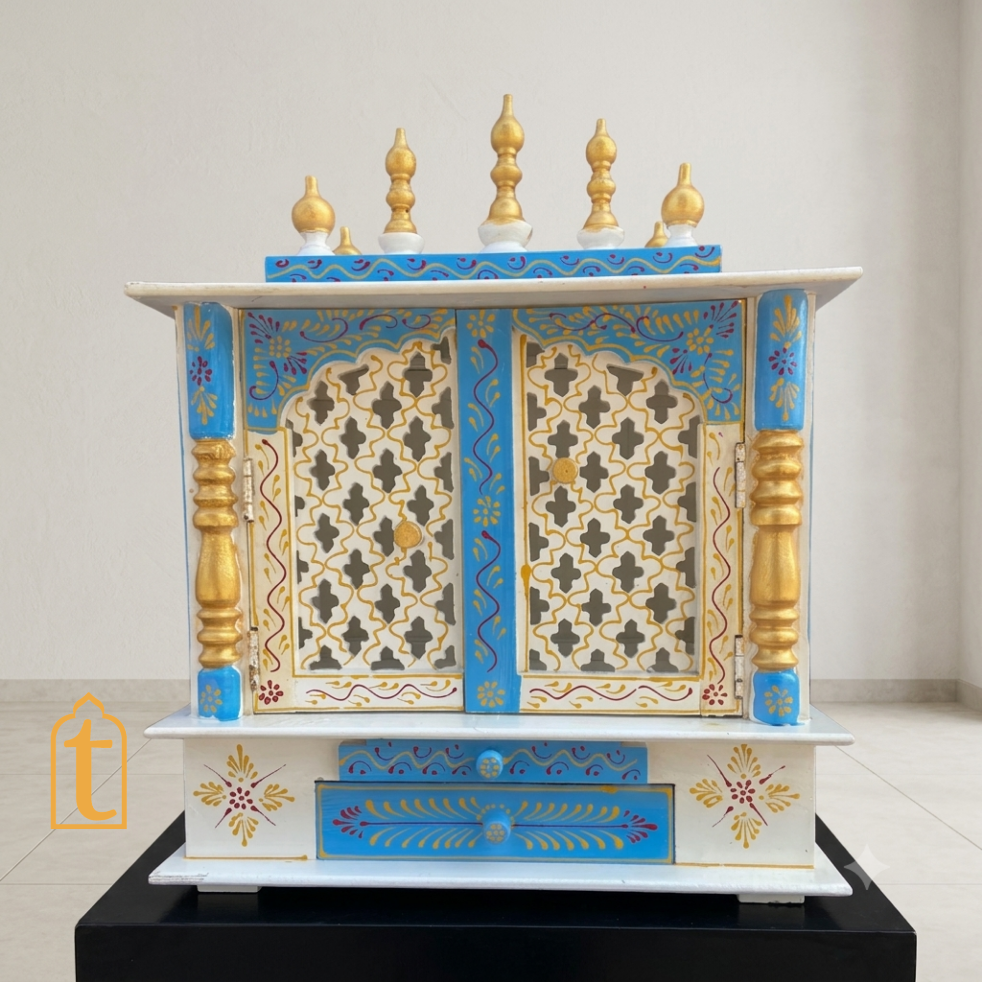 Handcrafted Wooden Temple Mandir: White Pooja Ghar with Drawers