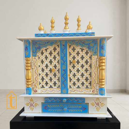 Handcrafted Wooden Temple Mandir: White Pooja Ghar with Drawers