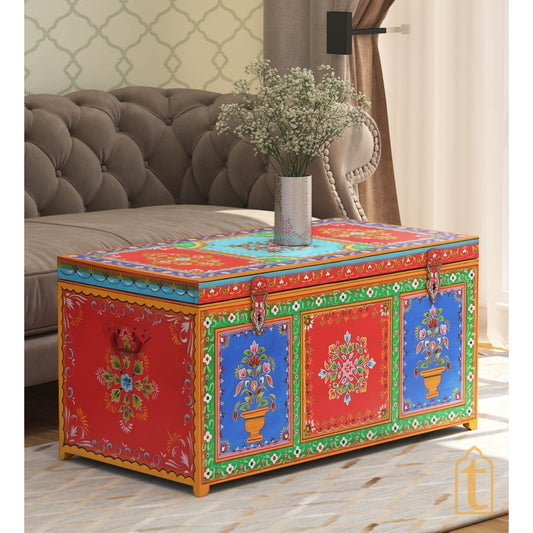 Indian Hand painted Solid Wood Hand-Painted Trunk | wooden storage large Box.