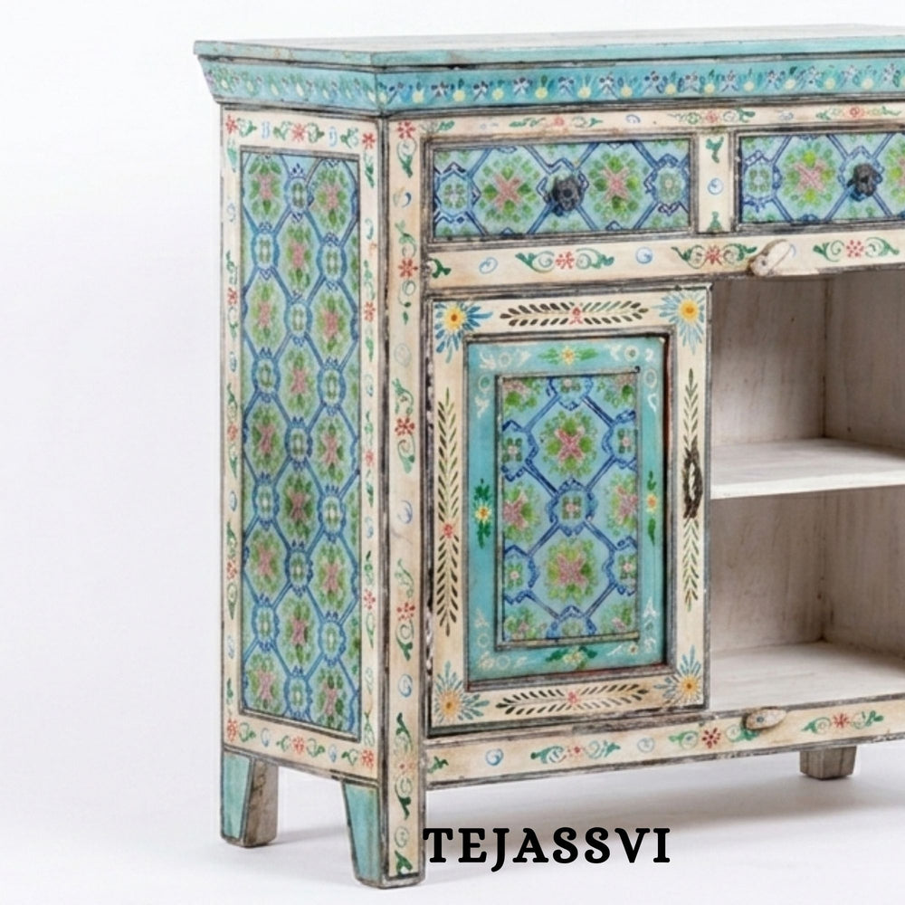 Wooden Indian Floral designed Side Storage / Cabinet | Bedside, Side Table, Hand Painted, Wooden Big Cabinet, Living Room Furniture, Fine Panting.