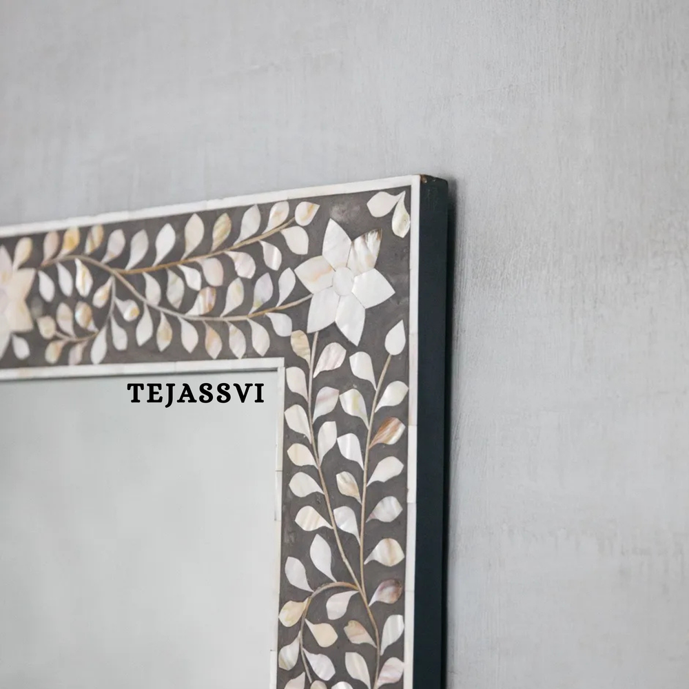 Bone Inlay Floral Pattern Wall Mirror in Black Resin Wall  Décor