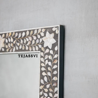 Bone Inlay Floral Pattern Wall Mirror in Black Resin Wall  Décor