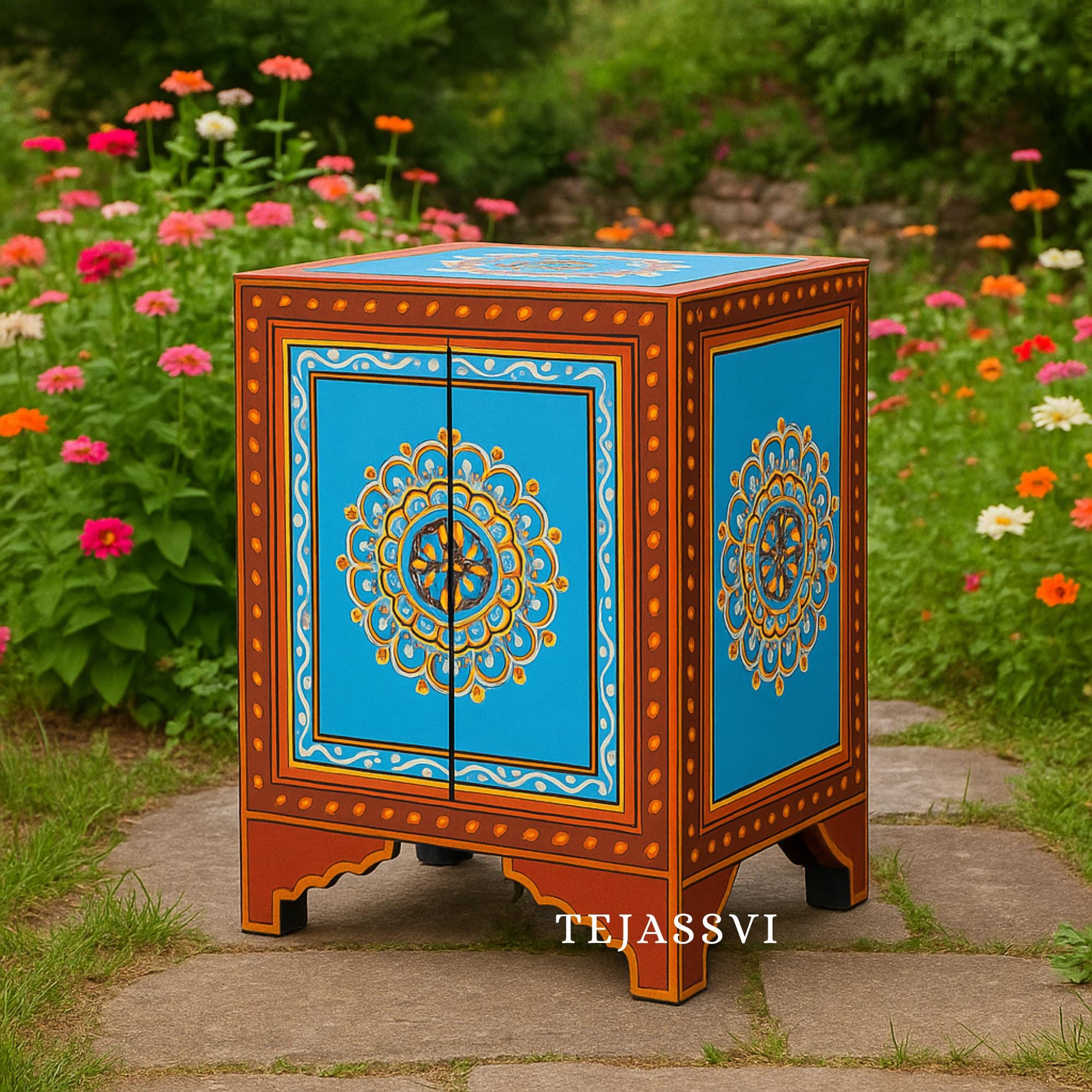 Handmade Painted Bedside Table / Bedside Cabinet with Hand Painting / Bedside Cupboard / Indian Painted Bedside Cabinet / Painted Bedside.