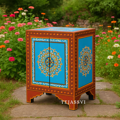 Wooden painted bedside table / bedside cabinet with hand painting/ Bedside cupboard/ Indian painted bedside cabinet/ painted bedside.